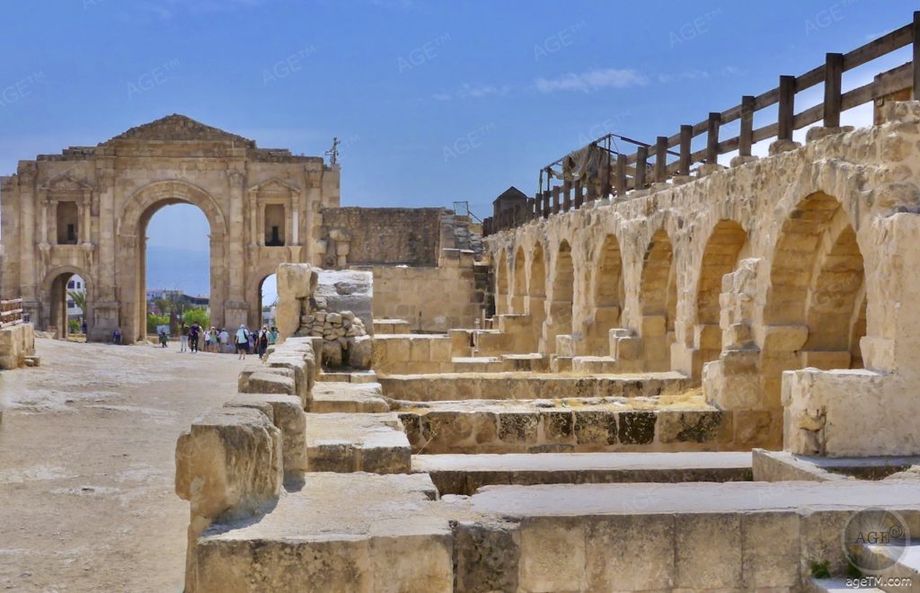 Jerash Triumphbogen Detail Hadriansbogen erbaut 129 130 n Chr zu Ehren Kaiser Hadrian Gerasa Jordanien