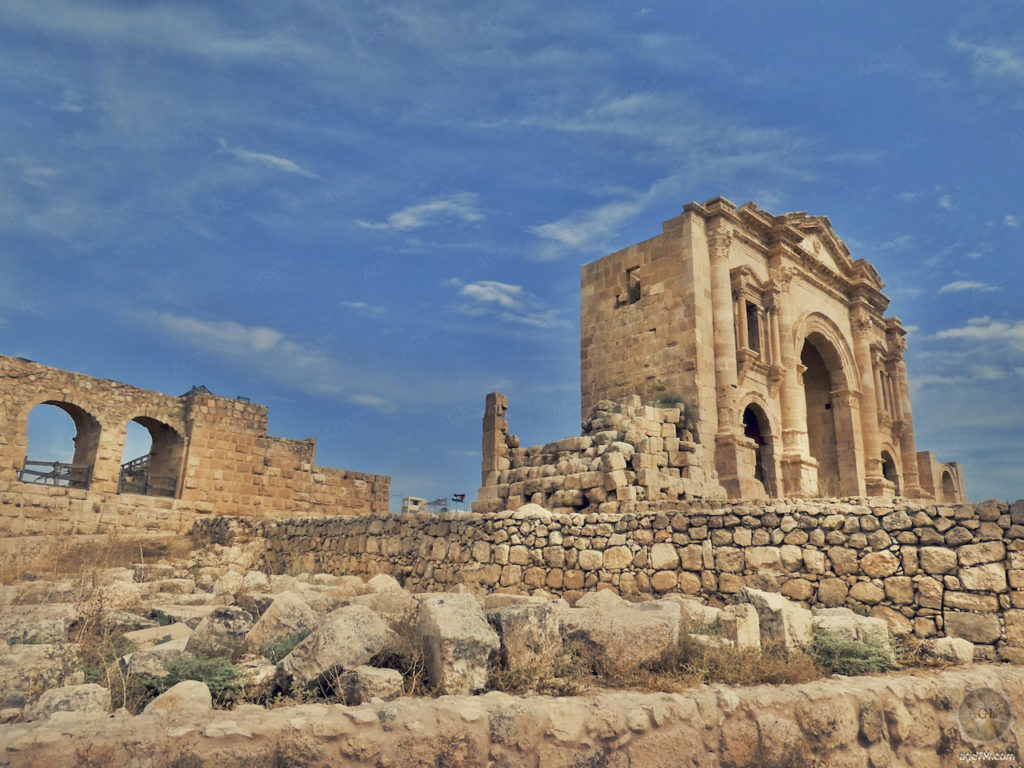 Jerash Triumphbogen Detail Hadriansbogen erbaut 129-130 n Chr zu Ehren Kaiser Hadrian Gerasa Jordanien