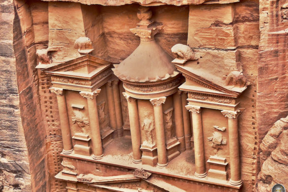 Weltwunder Al Khazneh Petra Schatzhaus Figuren - Foto Aussichtspunkt Al-Khubtha - UNESCO Weltkulturerbe Jordanien