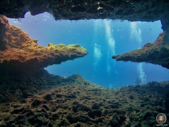 Unterwasserfoto beim Höhlentauchen in Malta vor Insel Gozo. Bild zeigt das bekannte Zoro Zeichen bei den Camino Caves. Taucher Aktivurlaub in Malta Europa