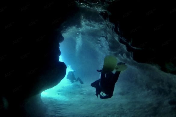 Unterwasserfoto zeigt 2 Taucher beim Höhlentauchen in Malta Santa Maria Caves Camino. Tauchen Aktivurlaub Inseln Malta Gozo Camino Europa