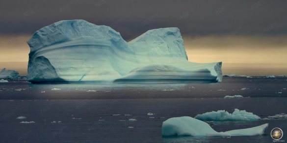 Eisberge und Treibeis mit Abendstimmung im Antarctic Sound.