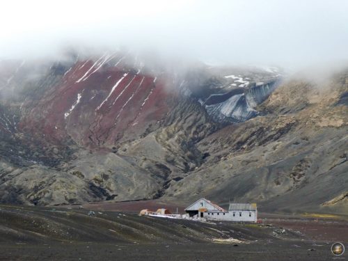 Ruinen der Whalers Bay im herabsinkenden Nebel.