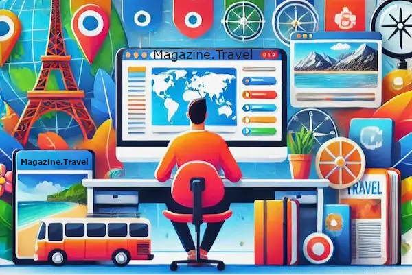 Magazine.Travel Bookmark-Management travel planning and bookmark management. The image shows a modern traveler seated at a desk with a laptop displaying